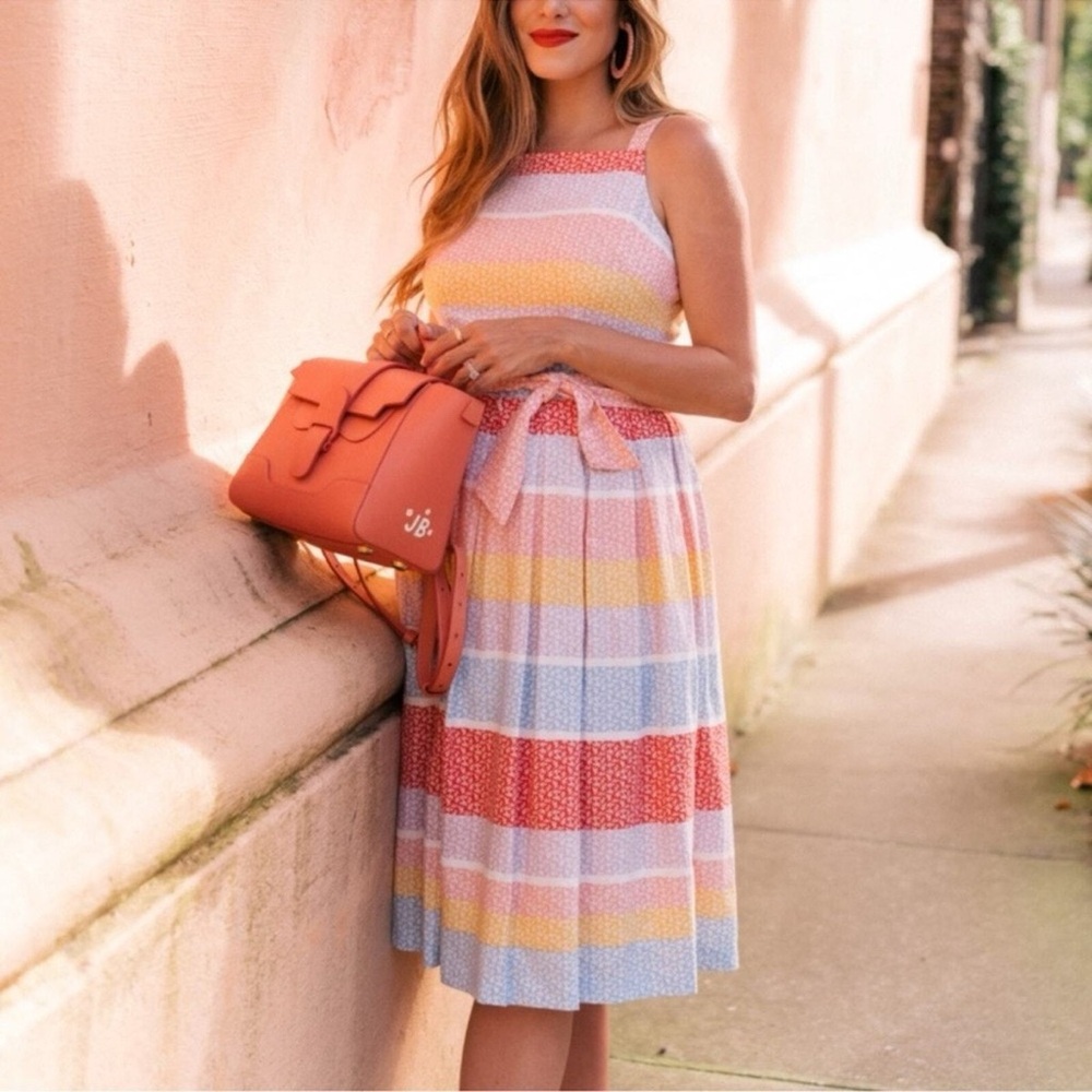 NWOT Gal Meets Glam Blake Linen Blend Striped Bow Tie Dress Pleated - Size 2